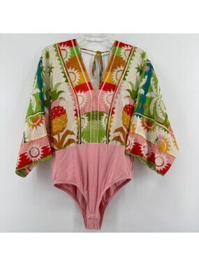 Farm Rio Rainbow Sunset Tropical Pineapple Bodysuit Kimono Sleeve‎ Pink Medium